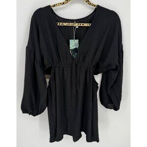 Black V-Neck Long Sleeve Mini Dress With Elastic Waist & Tie Detail